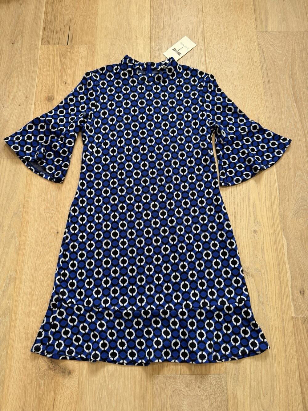 NWT Tyler Boe Mindy Mod Shift Dress S Blue Geo Mock Funnel Neck A-Line Flare Hem